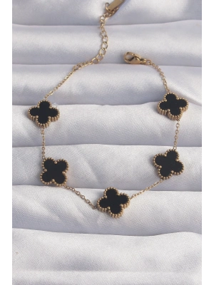 ® 316L Çelik Gold Renk Siyah Mineli Yonca Bileklik