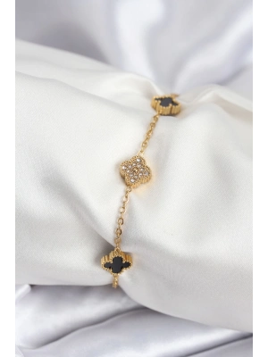 ® 316L Çelik Gold Renk Siyah ve Zirkon Taşlı Baby Boy Yonca Kadın Bileklik