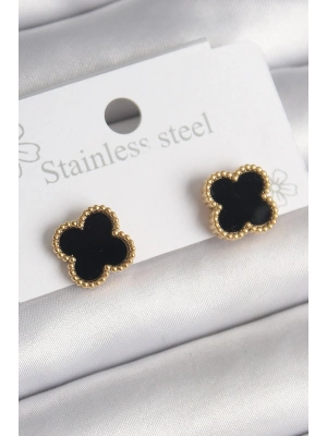 ® 316L Çelik Gold Renk Siyah Yonca Model Kadın Küpe