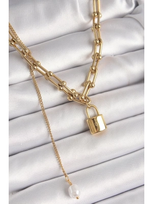 ® 316L Çelik Gold Renk Tifany Zincir Model Kilit Figür Sallantı İnci Detay Kadın Kolye