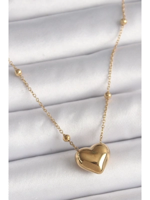 ® 316L Çelik Gold Renk Topçuk Detaylı Zincir Kalp Model Kadın Kolye