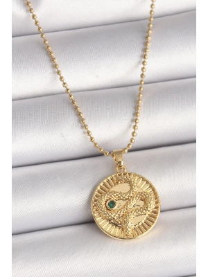 ® 316L Çelik Gold Renk Topçuk Zincir Yılan İşlemeli Zirkon Taş Detaylı Madalyon Model Kadın Kolye