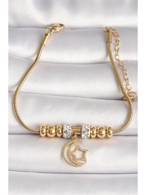 ® 316L Çelik Gold Renk Tüp Zincir Zirkon Taş Detaylı Sallantı Ay Yıldız Figür Kadın Bileklik