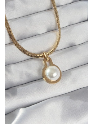 ® 316L Çelik Gold Renk Yassı Zincir İnci Taşlı Kolye