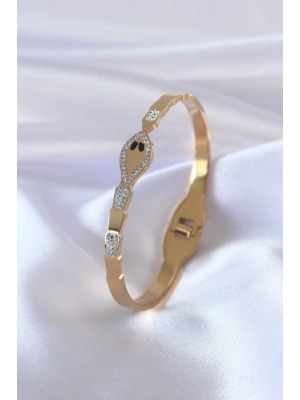 ® 316L Çelik Gold Renk Yılan Model Zirkon Taş Detay Kadın Kelepçe