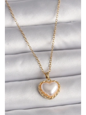 ® 316L Çelik Gold Renk Zincir 3D İnci Kalp Model Kadın Kolye