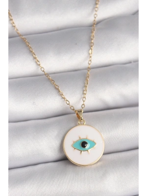 ® 316L Çelik Gold Renk Zincir Beyaz Mineli Turkuaz Göz İşleme Model Kadın Kolye