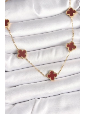 ® 316L Çelik Gold Renk Zincir Bordo Yonca Model Kadın Kolye