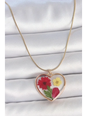 ® 316L Çelik Gold Renk Zincir Epokis Kalp Doğal Çiçek Model Kadın Kolye