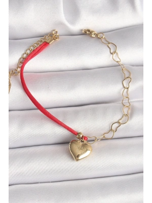 ® 316L Çelik Gold Renk Zincir Kırmızı İp Model Sallantı Kalp Figür İşleme Detaylı Kadın Bileklik