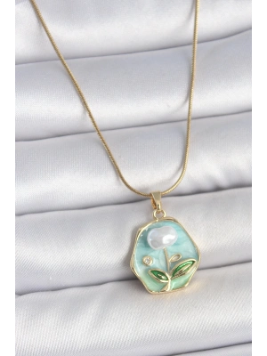 ® 316L Çelik Gold Renk Zincir Mavi Çiçek İşlemeli İnci İşlemeli Portre Model Kadın Kolye