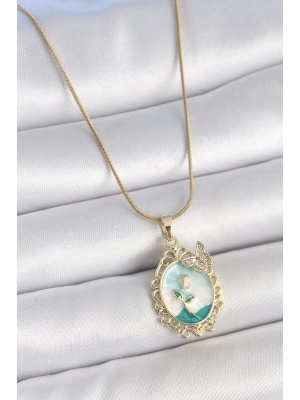 ® 316L Çelik Gold Renk Zincir Mavi Mineli Çiçek İşlemeli Zirkon Taş Detaylı Portre Model Kadın Kolye