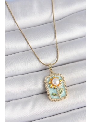 ® 316L Çelik Gold Renk Zincir Mavi Mineli İncili Papatya İşlemeli Portre Model Kadın Kolye