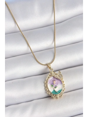 ® 316L Çelik Gold Renk Zincir Mix Renk Mineli Çiçek İşlemeli Zirkon Taş Detaylı Portre Model Kadın Kolye