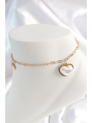® 316L Çelik Gold Renk Zincir Model 3D İnci Kalp Model Kadın HalHal