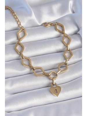 ® 316L Çelik Gold Renk Zincir Model Kilit Kalp Figür Kadın Bileklik