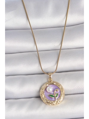 ® 316L Çelik Gold Renk Zincir Mor Çiçek İşlemeli İnci Detay Potre Model Kadın Kolye