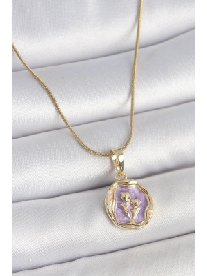 ® 316L Çelik Gold Renk Zincir Mor Mineli Çiçek İşlemeli Portre Model Kadın Kolye