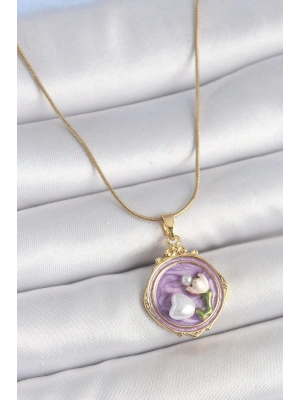 ® 316L Çelik Gold Renk Zincir Mor Mineli İncili Çiçek İşlemeli Portre Model Kadın Kolye