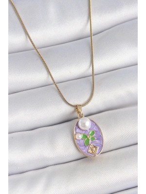 ® 316L Çelik Gold Renk Zincir Mor Mineli Oval İncili Çiçek İşlemeli Portre Model Kadın Kolye