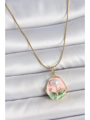 ® 316L Çelik Gold Renk Zincir Pembe Çiçek İşlemeli İnci Detay Portre Model Kadın Kolye