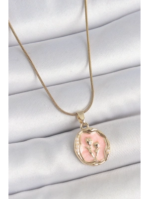 ® 316L Çelik Gold Renk Zincir Pembe Mineli Çiçek İşlemeli Portre Model Kadın Kolye