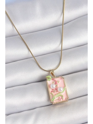 ® 316L Çelik Gold Renk Zincir Pembe Mineli İncli Çiçek İşlemeli Portre Model Kadın Kolye