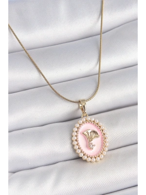 ® 316L Çelik Gold Renk Zincir Pembe Mineli İncli Zirkon Taşlı Çiçek İşlemeli Portre Model Kadın Kolye