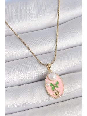 ® 316L Çelik Gold Renk Zincir Pembe Mineli Oval İncili Çiçek İşlemeli Portre Model Kadın Kolye