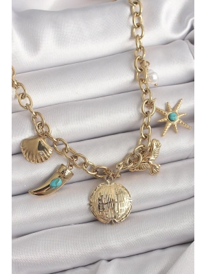 ® 316L Çelik Gold Renk Zincir Sallantılı Çoklu Figür Model Kadın Kolye