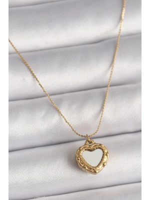 ® 316L Çelik Gold Renk Zincir Sedefli Kalp Model Kadın Kolye
