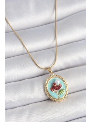 ® 316L Çelik Gold Renk Zincir Turkuaz Mineli İncili Çiçek İşlemeli Portre Model Kadın Kolye