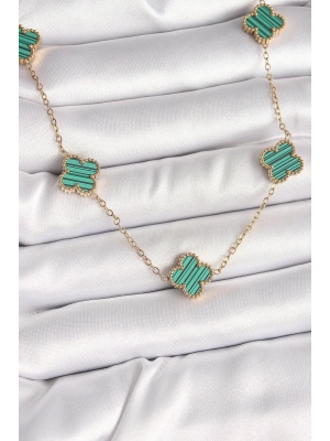 ® 316L Çelik Gold Renk Zincir Yeşil Yonca Model Kadın Kolye