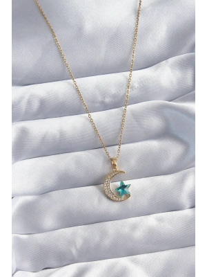 ® 316L Çelik Gold Renk Zincir Zirkon Taş Detay Hilal Yıldızı Figür Kadın Kolye