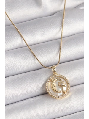 ® 316L Çelik Gold Renk Zincir Zirkon Taş Detaylı Beyaz Sedefli Ay Yıldız Model Kadın Kolye