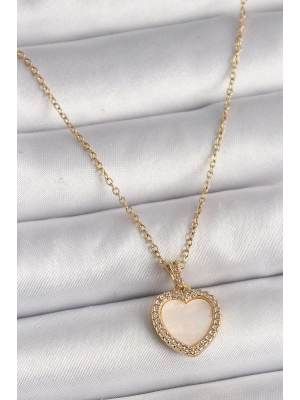 ® 316L Çelik Gold Renk Zincir Zirkon Taşlı Beyaz Mineli Kalp Model Kadın Kolye