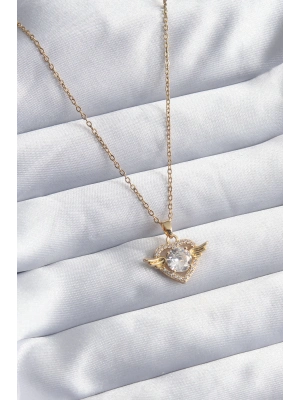 ® 316L Çelik Gold Renk Zincir Zirkon Taşlı Kalp Model Kadın Kolye