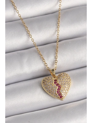 ® 316L Çelik Gold Renk Zincir Zirkon Taşlı Kalp Model Kadın Kolye