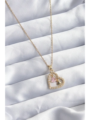 ® 316L Çelik Gold Renk Zincir Zirkon Taşlı Kalp Model Kadın Kolye