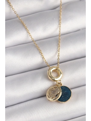 ® 316L Çelik Gold Renk Zincir Zirkon Taşlı Kalp Model Mavi Simli Kadın Kolye