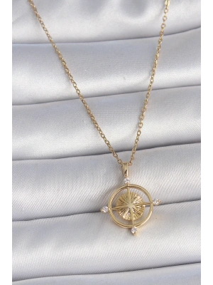 ® 316L Çelik Gold Renk Zincir Zirkon Taşlı Pusula Model Kadın Kolye