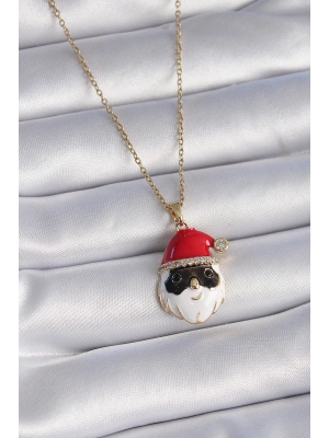 ® 316L Çelik Gold Renk Zincir Zirkon Taşlı Yılbaşı Temalı Noel Baba Figür Kadın Kolye