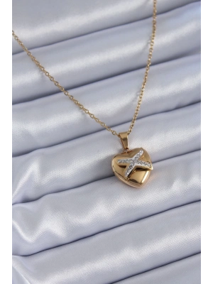 ® 316L Çelik Gold Renk Zirkon Detay Kalp Model Kadın Kolye