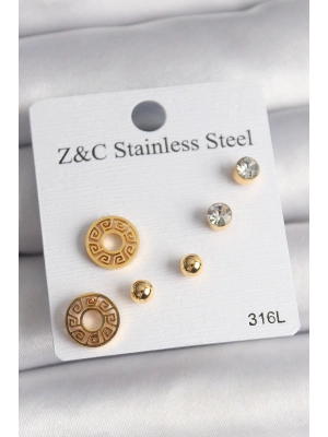 ® 316L Çelik Gold Renk Zirkon Taşı Labirent Model Kadın Küpe Seti