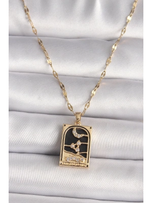 ® 316L Çelik Gold Renk Zirkon Taşlı Ay Figürlü Tarot Model Kadın Kolye