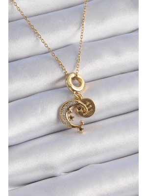 ® 316L Çelik Gold Renk Zirkon Taşlı Ay Yıldız  Model Charm Model Kadın Kolye