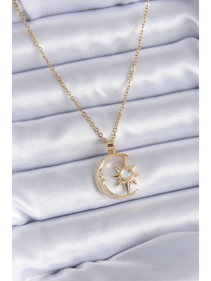 ® 316L Çelik Gold Renk Zirkon Taşlı Ay Yıldız Model Kadın Kolye