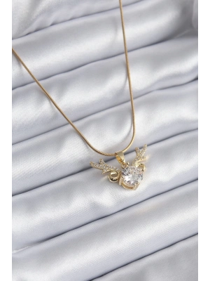 ® 316L Çelik Gold Renk Zirkon Taşlı Boynuz Model Kadın Kolye