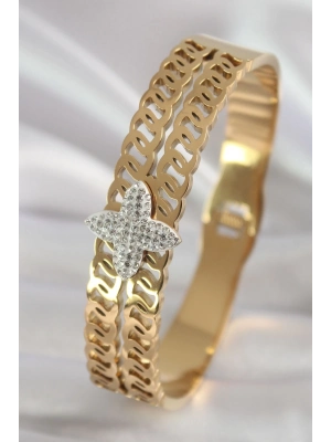 ® 316L Çelik Gold Renk Zirkon Taşlı Çiçek Model Kadın Kelepçe
