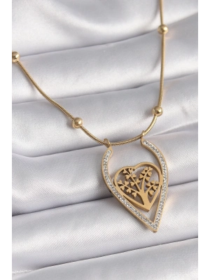 ® 316L Çelik Gold Renk Zirkon Taşlı Detaylı Kalp Fidan Model Kadın Kolye